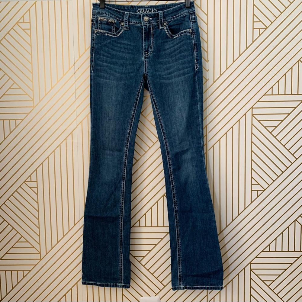 Grace in LA Bull horns Medium Wash Bootcut Jeans Denim Longhorn skull Boho 26